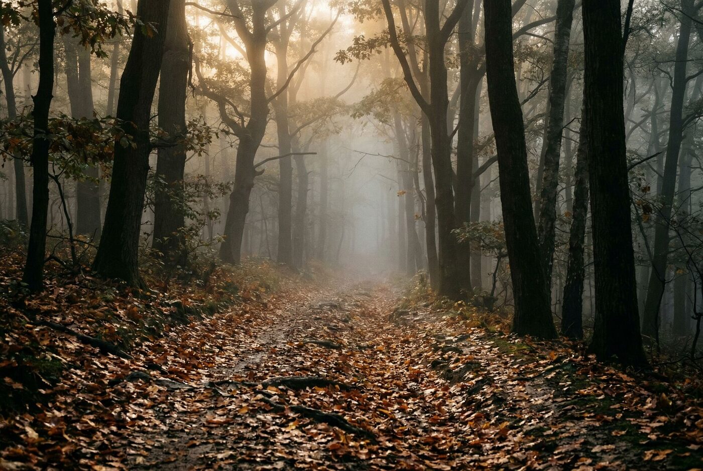 Nebeliger Waldpfad im Herbst